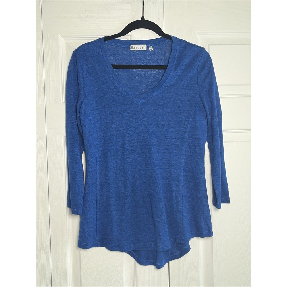 Habitat Linen V-Neck Top Womens Size XS Blue 3/4 Sleeve‎ Knit Lagom Clean Girl